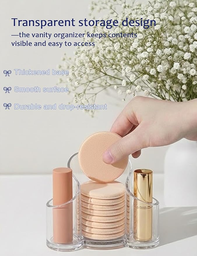 Clear 3-Compartment Vanity Organizer & Cotton Swab Holder - Small Plastic Storage Box for Jewelry, Floss Picks & Hair Accessories - Open Front Countertop Display