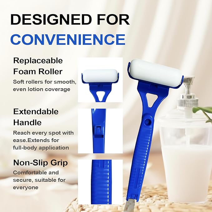 Lotion Applicator for Back & Body, Sunscreen Application Roller (3 Reusable Foam Rollers) with Long Reach Folding Handle and Silicone Body Scrubber - Apply Lotion, Moisturizer, Cream, Ointment,Blue
