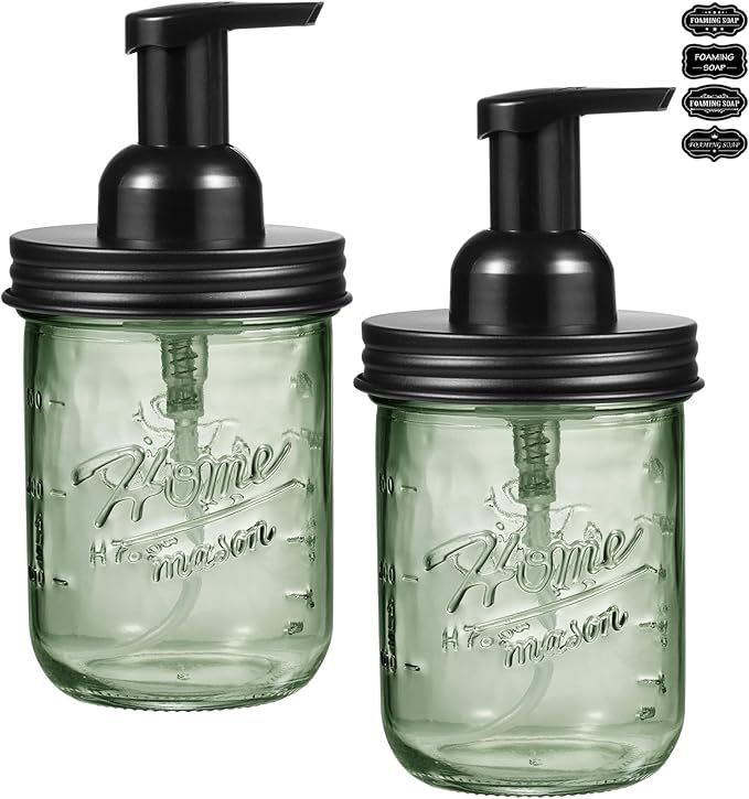 SheeChung Mason Jar Foaming Soap Dispenser, Stainless Steel Lid, BPA Free Pump, Green Glass Foam Hand Soap Dispenser, 16 Oz Refillable Liquid Foam Dispenser Bottle for Bathroom Kitchen-Black, 2 Pack