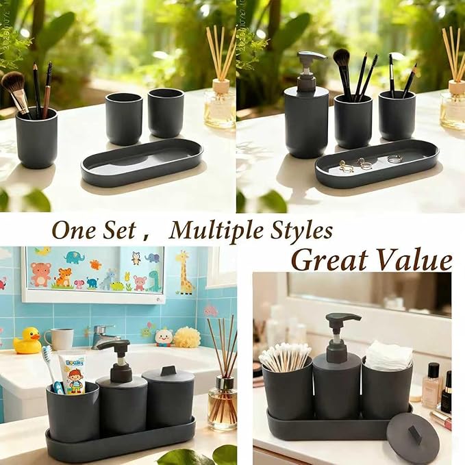 LGURT-4-piece Set of Bathroom Accessories, Plastic Bathroom Accessories, Toothbrush Holder, Toothbrush Cup, soap Dispenser, soap pan (Dark Gray)