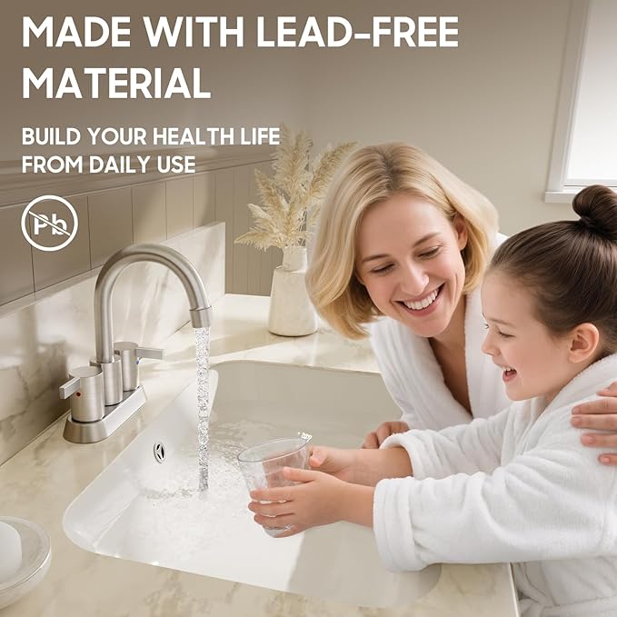Phiestina Brushed Nickel 4 Inch 2 Handle Centerset Lead-Free Bathroom Sink Faucet, with Copper Pop Up Drain and Water Supply Lines,BF015-1-BN