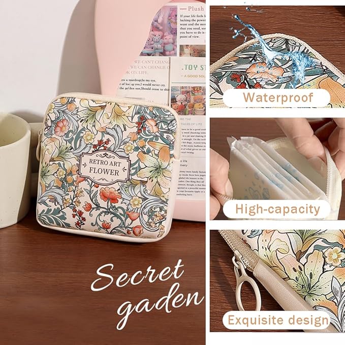 Sanitary Napkin Storage Bags,Portable Menstrual Cup Nursing Pad Tampon Storage Pouch,Leather Oil Painting Flower Travel Makeup Bags Coin Purse Sundries Pouch with Zipper