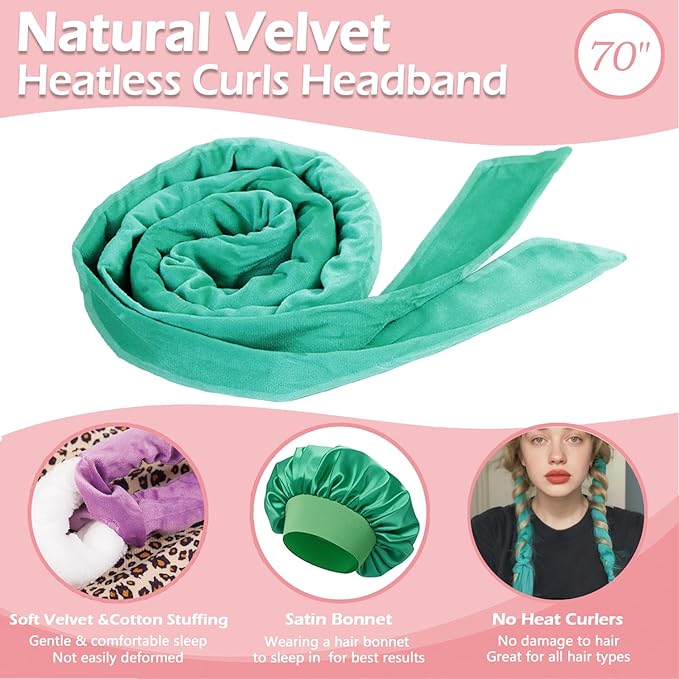 Heatless Curls Overnight Headband, 70'' No Heat Hair Curlers with Hair Bonnet for Sleeping, Blue-Green