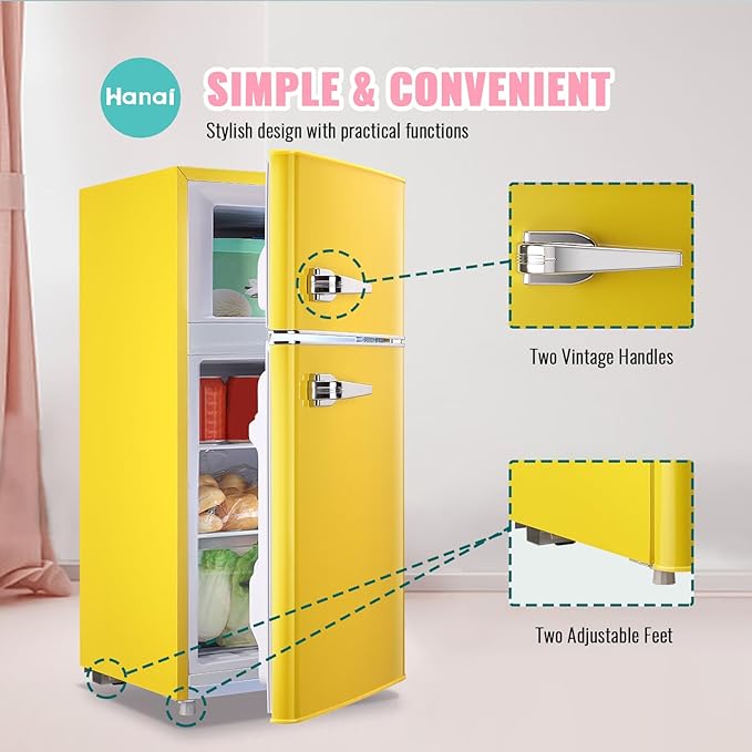 WANAI 3.5 Cu.ft Small Refrigerators Retro Mini Fridge with Freezer Yellow Full-sized Fridge Dual Door Dual Handle Classic Removable Glass Shelves Adjustable Thermostat for Home Office Dorm RV