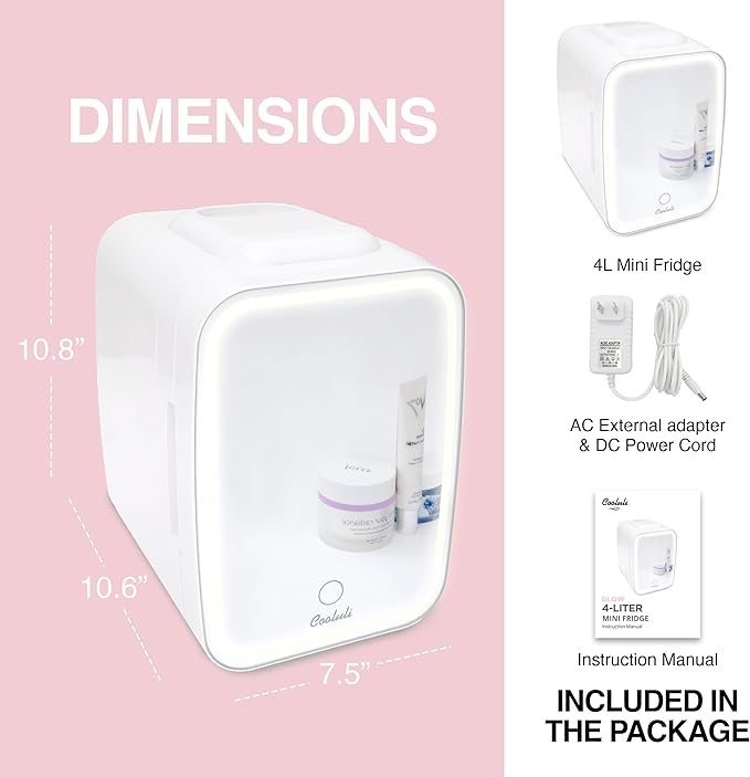 Cooluli Glow 4L Mini Skincare Fridge with Mirror & LED Light - Small Refrigerator for Skin Care, Makeup, Food & Drinks - Portable Mini Fridge for Bedroom & Office, 100-240V, White Mirror LED