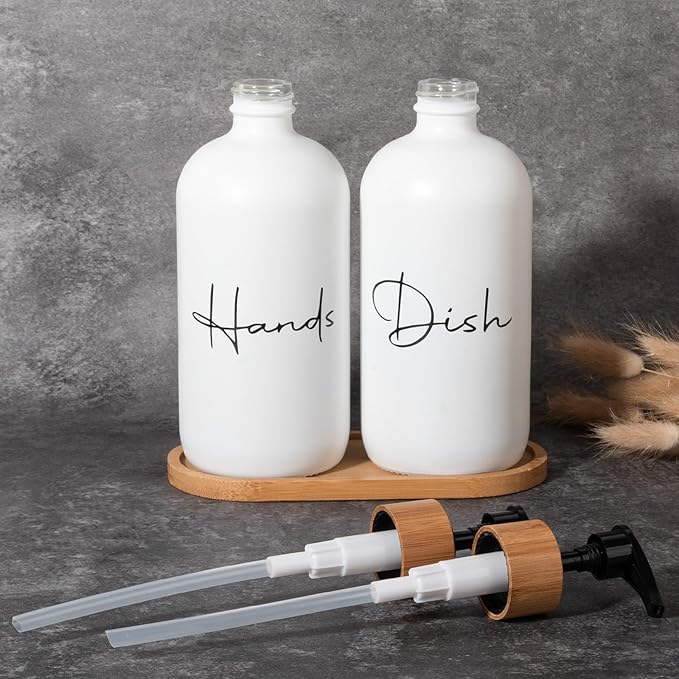 17 oz Hand Soap Dispenser Empty Glass Lotion Pump Bottles, Refillable Liquid Dish Soap Bottles for Bathroom, Kitchen Sink, White, 2 Pack