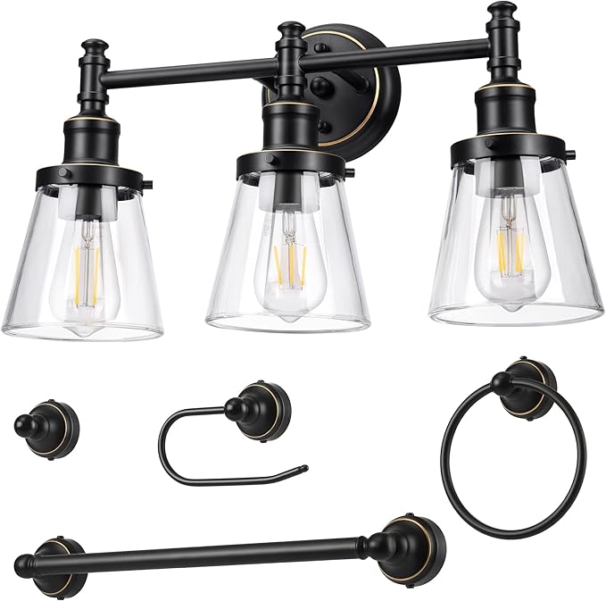 DEWENWILS Bathroom Light Fixtures, 5-Piece All-in-One Bathroom Vanity Lights Over Mirror, 3-Light Bath Wall Mount Sconce with Clear Glass Shade, Towel Bar, Ring, Robe Hook, Toilet Paper Holder