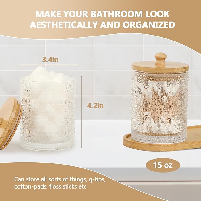 3 Pack Qtip Holder - Bathroom Organizers and Storage, Cotton Round Pad Holder Floss Pick Cotton Ball Holder with Tray, Glass Apothecary Jars with Lids, -clear y D