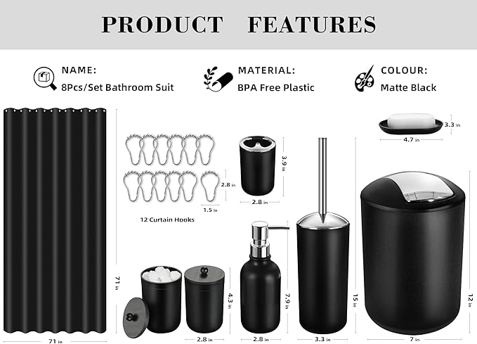 Bathroom Set, 20Pcs Bathroom Shower Curtain Sets with Hooks, Black Bathroom Accessories Set with Trash Can, Bathroom Accessories Sets Complete with Shower Curtain Set, Bathroom Accessory Set