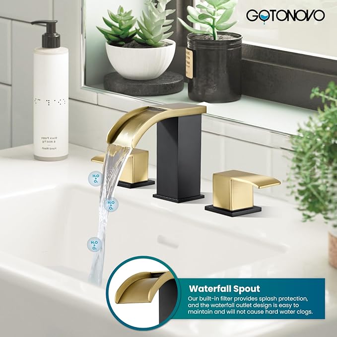 gotonovo Waterfall 8 inch Widespread Bathroom Faucet Set Bathroom Sink Faucet 3 Hole 2 Handle Vanity Lavatory Deck Mount with Pop Up Drain and Water Supply Lines Square Body Gold and Matte Black