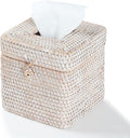 Rattan Square Tissue Box Cover, 5.7" x 5.7" x 5", Decorative Woven Facial Tissue Holder with Hinged Top Lid, Whitewash