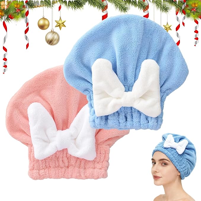 Microfiber Hair Drying Caps, Christmas Absorbent Hair Towel Wrap for Women Wet Hair Quick-Drying Hair Towels, Soft Bow Tie Wet Hair Towel Wrap for Party Favors Goody Bag Filler (Pink+Blue)