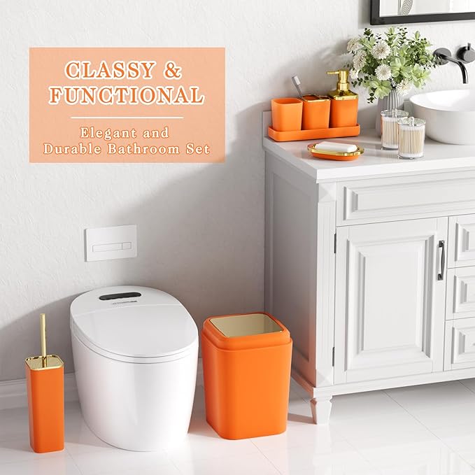 Orange Bathroom Accessories Set, Orange and Gold Bathroom Accessories with Trash Can, Soap Dispenser, Soap Dish, Toothbrush Holder and Q-tip Holders