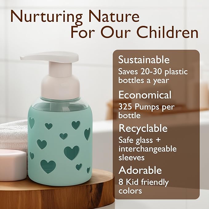 SoCal Suds & Company Foaming Hand Soap Dispenser Glass, Liquid Soap Pump with Heart Silicone Sleeve, Refillable Bottle for Kids, Baby Wash & Shampoo, Ideal for Bathroom & Kitchen Use, Sea Glass, 8oz