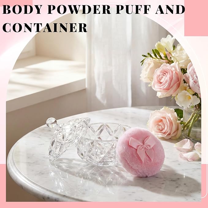 Tioncy 3 Pcs Large Body Powder Puff and Container Valentine's Day gift Powder Container with Puff Crystal Case Soft Washable Reusable Velour Face Body Glitter Wet Dry Makeup(Cute,Clear)