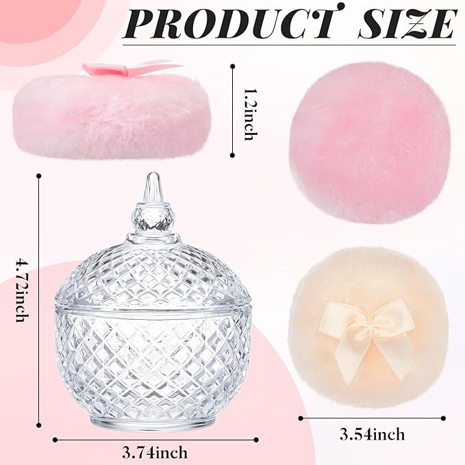 Tioncy 3 Pcs Large Body Powder Puff and Container Valentine's Day gift Powder Container with Puff Crystal Case Soft Washable Reusable Velour Face Body Glitter Wet Dry Makeup(Multi-faceted Cut,Clear)