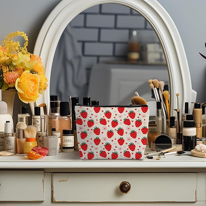 Cut Red Strawberry Makeup Bag Portable Cosmetic Bag Zipper Pouch Toiletry Bag for Purse, Strawberry Stuff Gifts for Women Girls