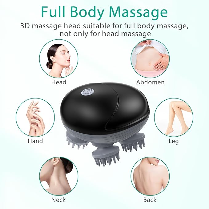 ORIA Electric Scalp Massager, Cordless Hair Scalp Massager, Portable Head Scratcher, Body Massage Tools with 3 Modes, 4 Kneading Heads for Soothing Head, Stress Relax