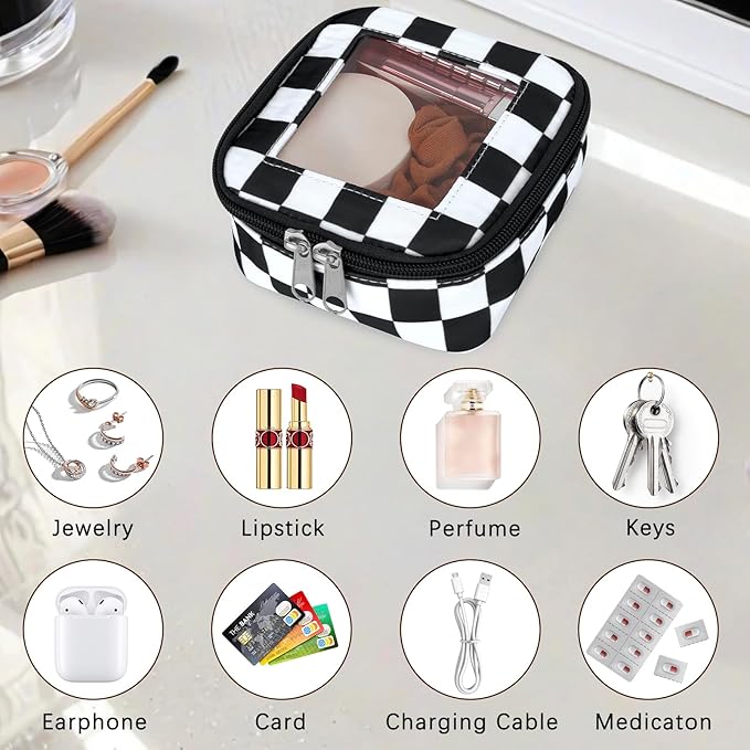 DOB SECHS Mini Checkered Bag for Purse 5.1'' x 5.1'' Small Makeup Bag for Car Cute Clear Cosmetic Bags with Zippers, Tiny Toiletry Bag Lipstick Pouch Organizer Case Travel Essentials Storage Pouches