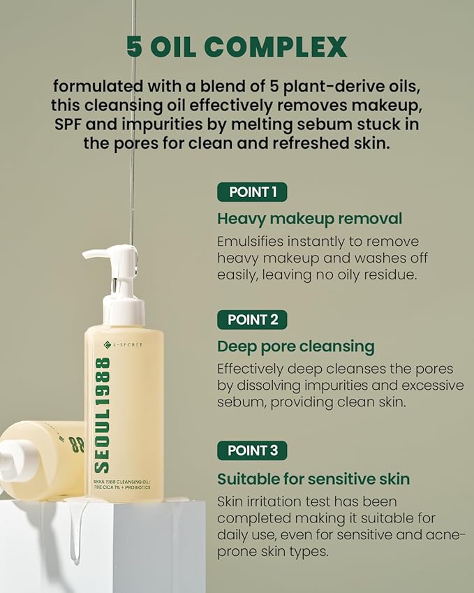 K-SECRET SEOUL 1988 Cica Cleansing Oil – Deep Pore Cleansing & Gentle Exfoliation | Daily Oil Cleanser for Sensitive Skin | Korean Skincare, 200ml / 6.76 fl oz