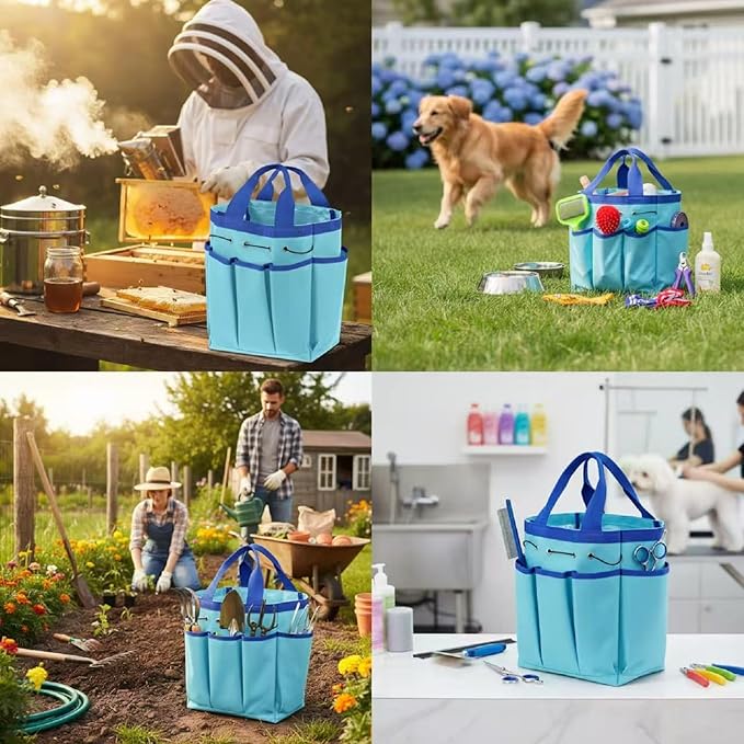 Abbylike Grooming Tote Bag for Horses and Dogs Organize Tack Tools Equestrian Grooming Kit Care Portable with Multiple Pockets for Supplies(Vintage,15 x 12 x 5.5 Inches,Blue)