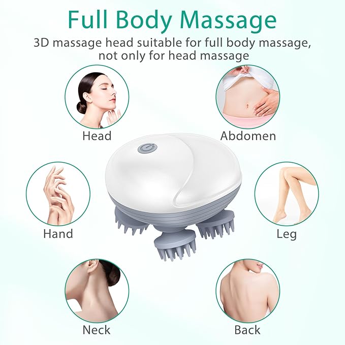 ORIA Electric Scalp Massager, Portable Head Massager, Rechargeable Head Scratcher with 4 Removable Massage Claws, 96 Massage Nodes, for Women Men Stress Relief, Full Body Relaxation, White