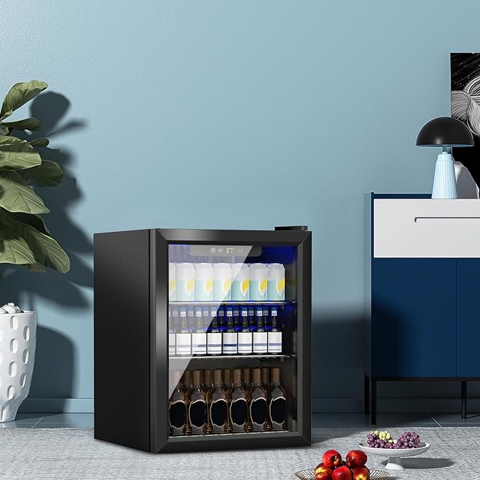 Stopasd Beverage Refrigerator Cooler, 1.7 Cu.Ft/70 Can Drink Fridge with Adjustable Shelves & Clear View Door Soda Wine Beer, Quiet Undercounter Small Fridge for Home/Office/Bar/Garage(40-61 ℉), Black