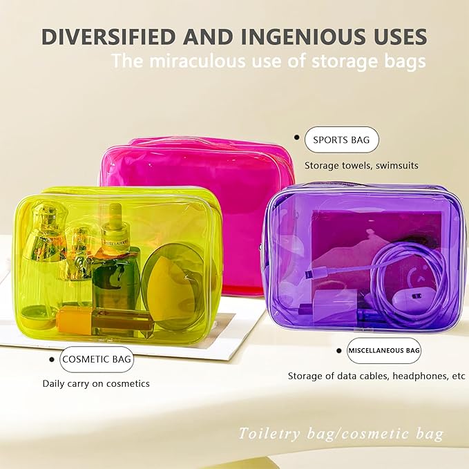 TotePrint 5 PCS Portable Waterproof Solid Makeup Bag Set for Travel, Clear Makeup Bag with Zipper for Purse Brush Bag Pen Pouch (Vivid Group)