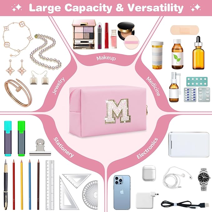 Small Personalized Initial A-Z Patch Makeup Bag,Pink Cute PU Leather Glitter Letter Cosmetic Bag for Teen Girls,Travel Toiletry Bag with Zipper,Preppy Monogrammed Birthday Gift for Daughter Niece M