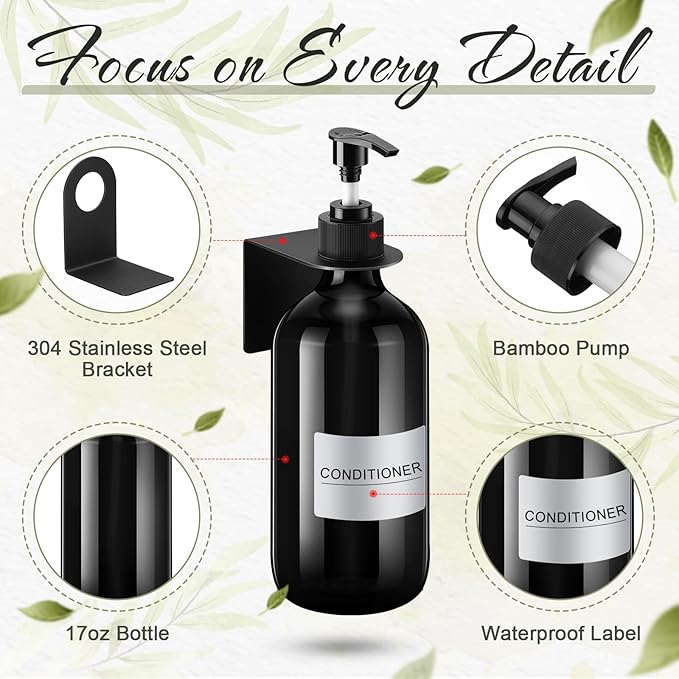 Remerry 6 Pack Shampoo and Conditioner Dispenser Wall Mount 17oz No Drill Shampoo and Conditioner Dispenser with Matte Pump and Waterproof Labels Shower Soap Bottles Wall Mounted for Home Bathroom