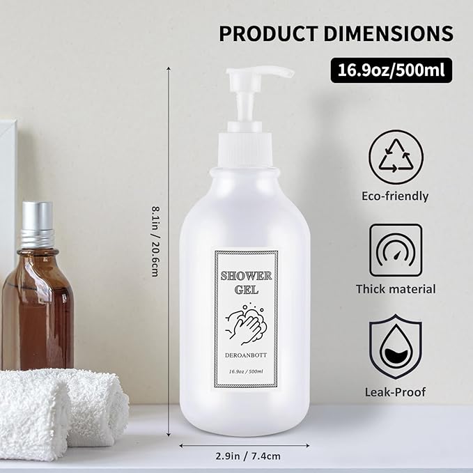 Shampoo and Conditioner Dispenser, Refillable Plastic Shampoo Pump Bottles with Waterproof Labels, Empty Body Wash Dispenser Set for Bathroom, Shower Soap Bottles (White)