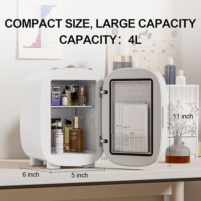 DF01A Skincare Fridge, With 3-Level Dimmable LED Light Mirror, Low Noise Mini Fridge, 4L Large Capacity, Cooler & Warmer, Portable Design for Multiple Uses - Bedroom, Office, and Travel
