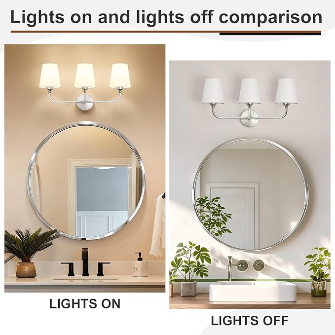 Bathroom Vanity Light, Brushed Nickel Bathroom Light Fixtures, 3-Light Lighting Fixtures Over Mirror, Modern Wall Sconce with Flared White Fabric Shade, E26 Socket(ETL Listed)