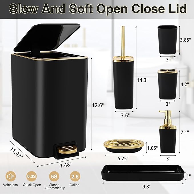 Black Bathroom Accessories 8 Piece Black and Gold Bathroom Set, Bathroom Accessories with Stainless Steel Bathroom Trash Can,Toilet Brush,Toothbrush Set,Soap Dispenser