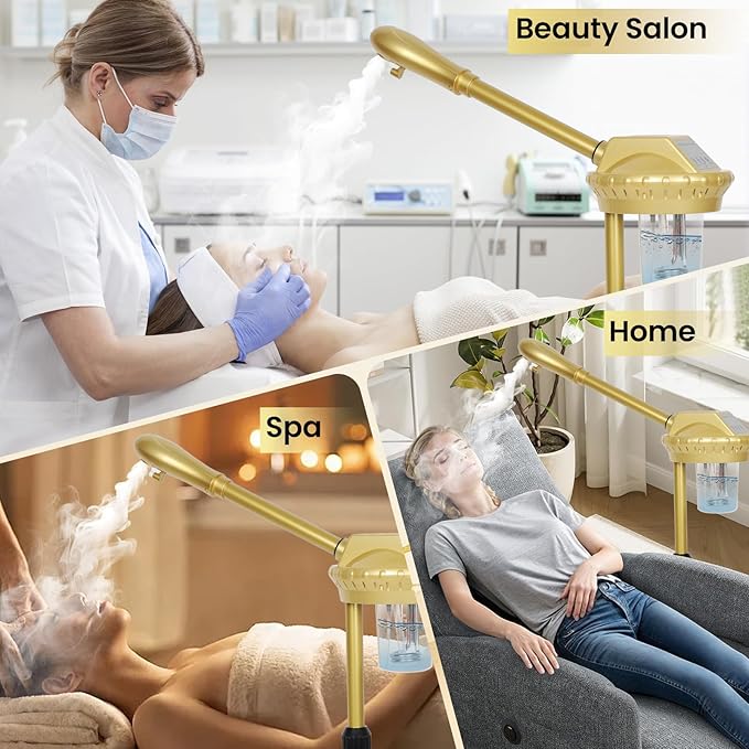Facial Steamer Professional with More Steam for Deep Cleansing and Hydration, Estheticians Steamer on Wheels with Time Setting, Face Steamer Adjustable Height for Beauty, Spa and Home Use（Golden）