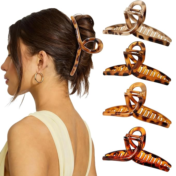 4PCS 5.43 Inch Tortoise Shell Claw Clip for Women, Extra Large Claw Clips for Thick Long Curly Hair, Strong Hold Hair Clip, Non-slip Elegant Butterfly Durable Hair Accessories