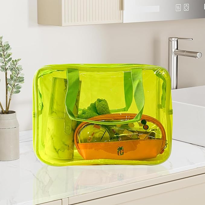 Pink PVC Clear Pure Color Transparent Large Zipper Cosmetic Pouch Travel Makeup Cosmetic Bag with Handle for Travel Bathroom Toiletry Organizer (Light Pink)
