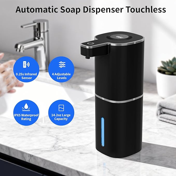 Automatic Foaming Soap Dispenser, Touchless Rechargeable Hand Soap Dispenser, 4 Adjustable Levels, 1200mAh Battery, Large Display, for Kitchen & Bathroom (Black, Foaming)