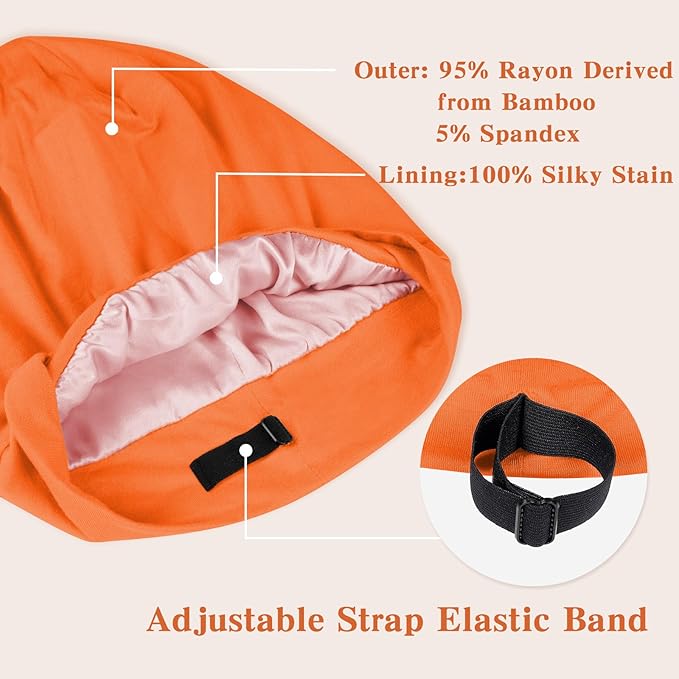 Fittia Satin Hair Bonnet for Sleeping, Silky No Frizzy for Curls Care, Adjustable Strap for Non-Slip, Dreadlocks Cap for Women&Men Orange