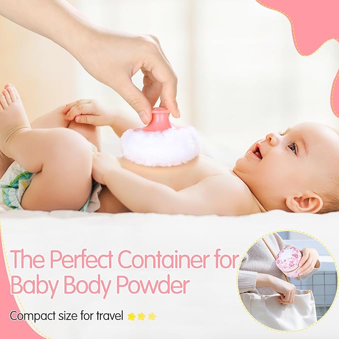3 Pieces Body Powder Puff and Container, Baby Powder Container Floral Pattern with Large Fluffy Plush Puff Spoon, Baby Woman Loose Dusting Powder Tea Box for Home & Travel Use (Pink, Blue and Yellow)
