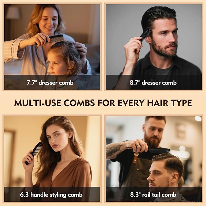 4 Piece Professional Black Comb Set for Men and Women-Fine Tooth, Rat Tail, Beard and Mustache Combs-Parting and Teasing Tools for All Hair Types