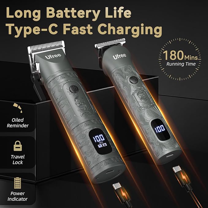 Ufree Hair Clippers for Men Professional with Beard Trimmer, Barber Clippers and Trimmers Set, Electric Razor Shavers for Men, Cordless Mens Grooming Kit for Nose, Face, Hair, Gifts Gray