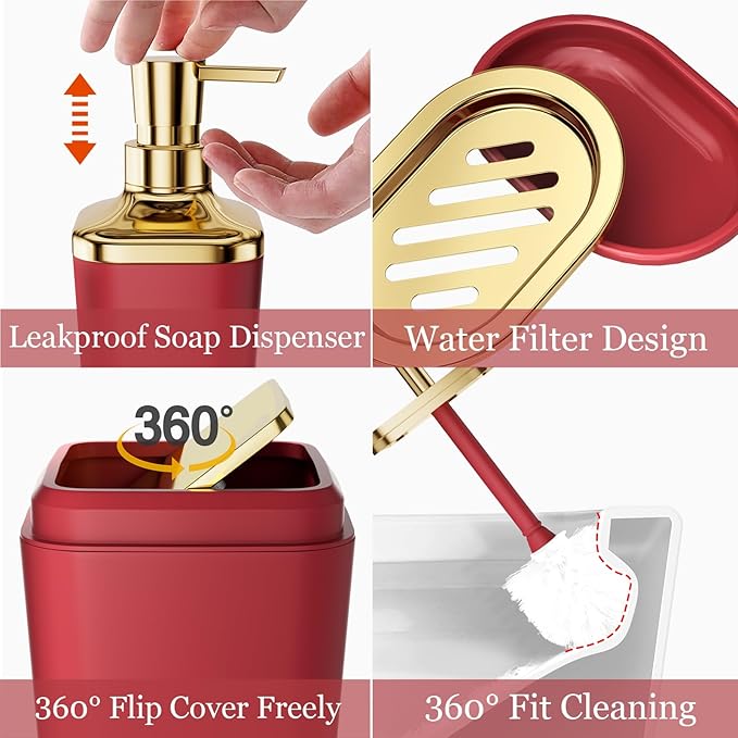 Burgundy Bathroom Accessories Set with Shower Curtain and Rugs, Dark Red Bathroom Accessories with Trash Can,Toothbrush Holder and Cup,Soap Dispenser,Tray,Soap Dish,Toilet Brush,Qtip Holders