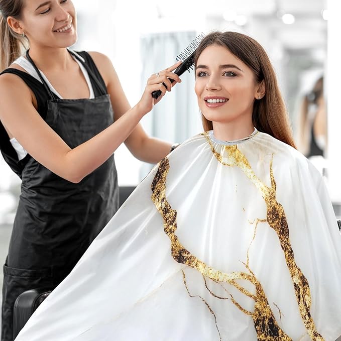 White Gold Marble Professional Barber Cape with Adjustable Neckline, Waterproof Hairdressing Salon Cape for Men Women Kids - 65" x 55" Beard Apron Shaving Kits for Salon and Home Use