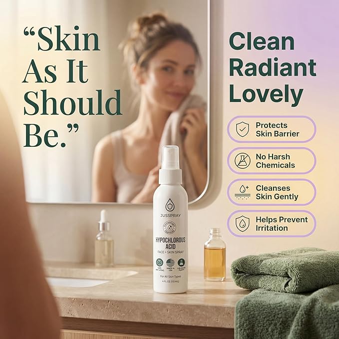 Jusspray™ Hypochlorous Acid Spray for Face and Skin | HOCI Facial Cleanser Mist | 4 oz Hypochlorous Acid for Face, Skin, Acne, Eczema, Body Acne Sprays, Piercing Aftercare, Wound Solution
