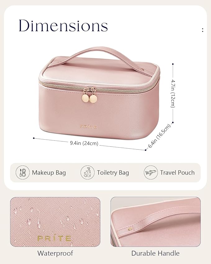 Prite Makeup Bag, Large Capacity Portable Travel Cosmetic Bag, Waterproof Makeup Organizer for Women with Handle and Divider (002 Pearl Pink)