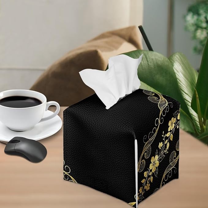 Black Marble Flower Tissue Box Holder Stylish Leather Square Tissue Box Cover with Top Handle Waterproof Napkin Case Holder Home Office Bathroom Decor
