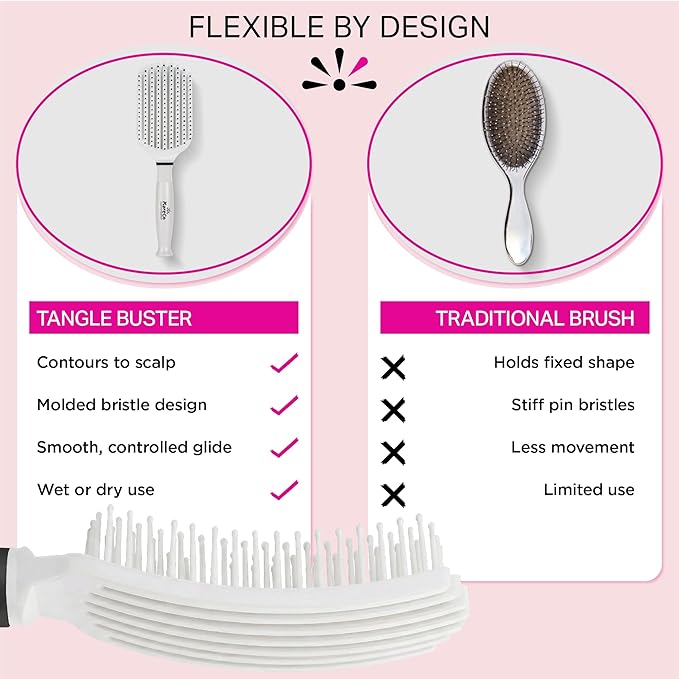Premium Tangle Buster Brush – Soft Nylon Travel-Friendly Bristles – Long Durable Rubber Handle – Ideal for Wet and Dry Hair & Easy Grooming, Pearl Color
