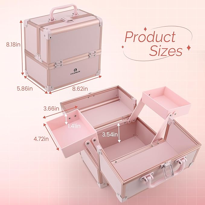 Makeup Train Case 2 Trays Makeup Box Organizer Portable Travel Makeup Case Lockable Makeup Storage Organizer Cosmetic Box for Jewelry Nail Tech Brushes Accessories Tool, Pink