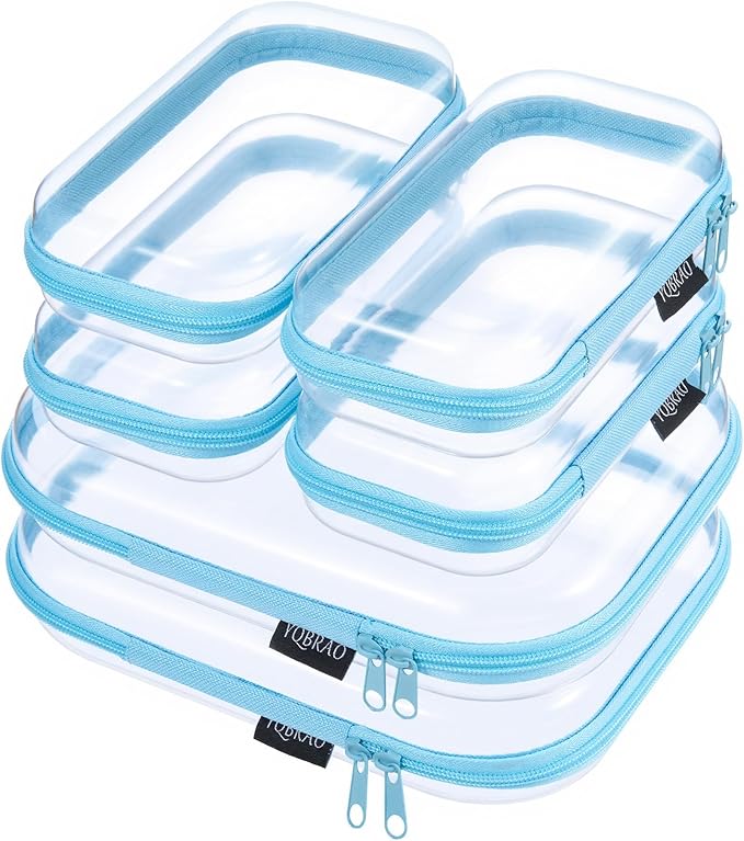 6 Pack Clear Hard Shell Zipper Case, Hard Plastic Organizer Pouches for Travel, Small Items, Makeup, Electronics & Art Supplies - Crush-Resistant & Waterproof Storage (Blue)